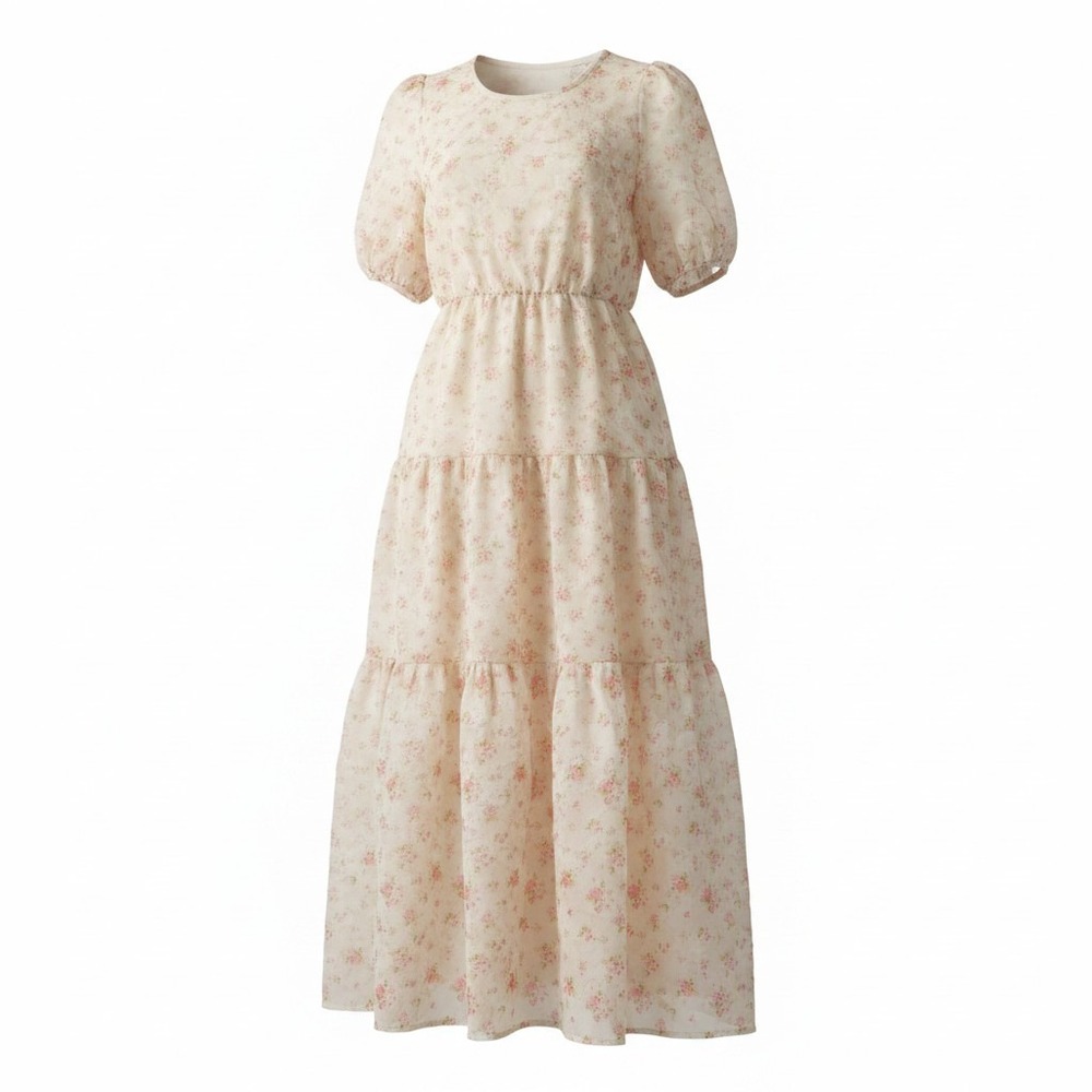 Amable by Mable Floral Tiered Maxi Dress L Cream Pink Puff Sleeve Cottagecore